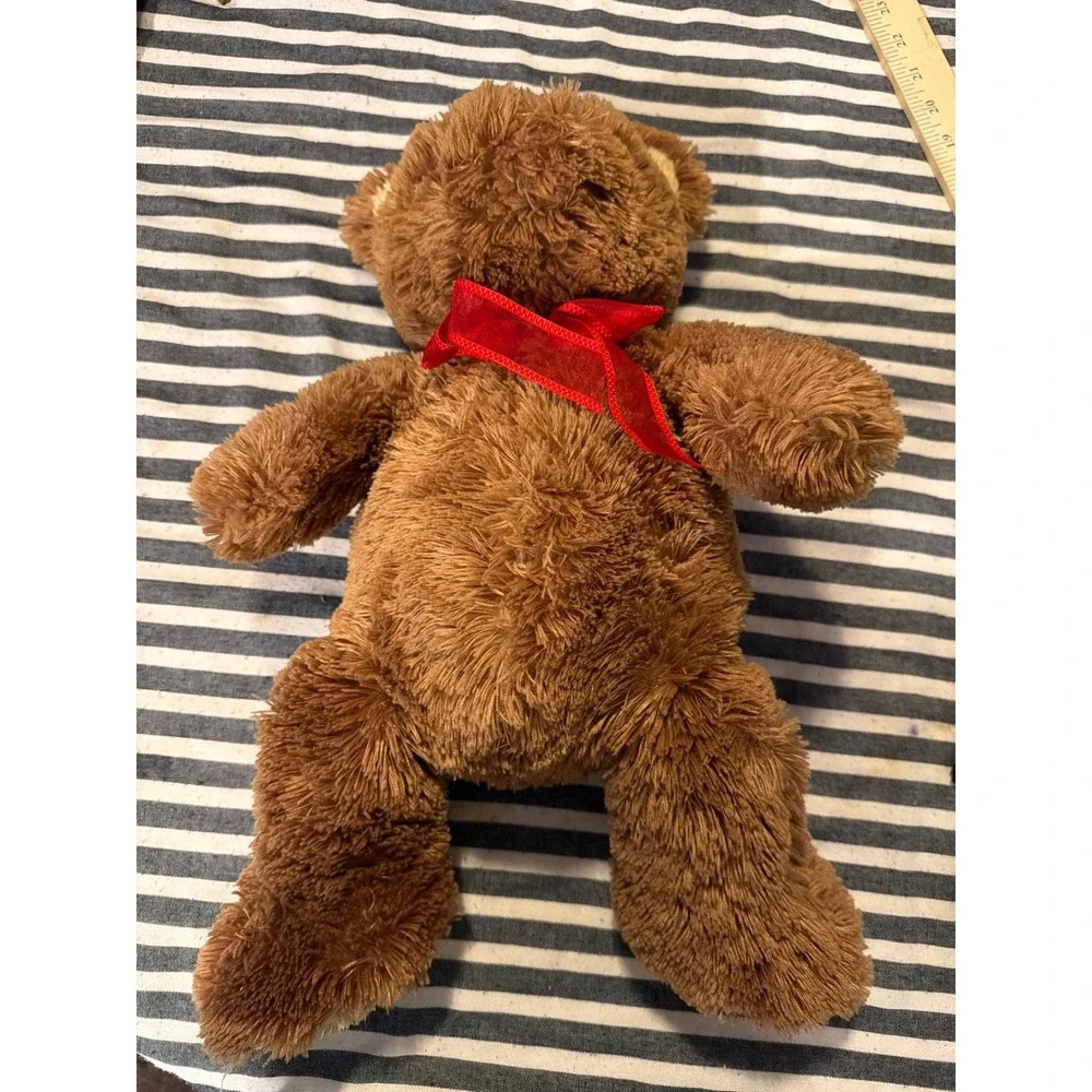 Carters Brown Shaggy Plush Teddy Bear Red Ribbon Stuffed Animal 13 Inch Toy
